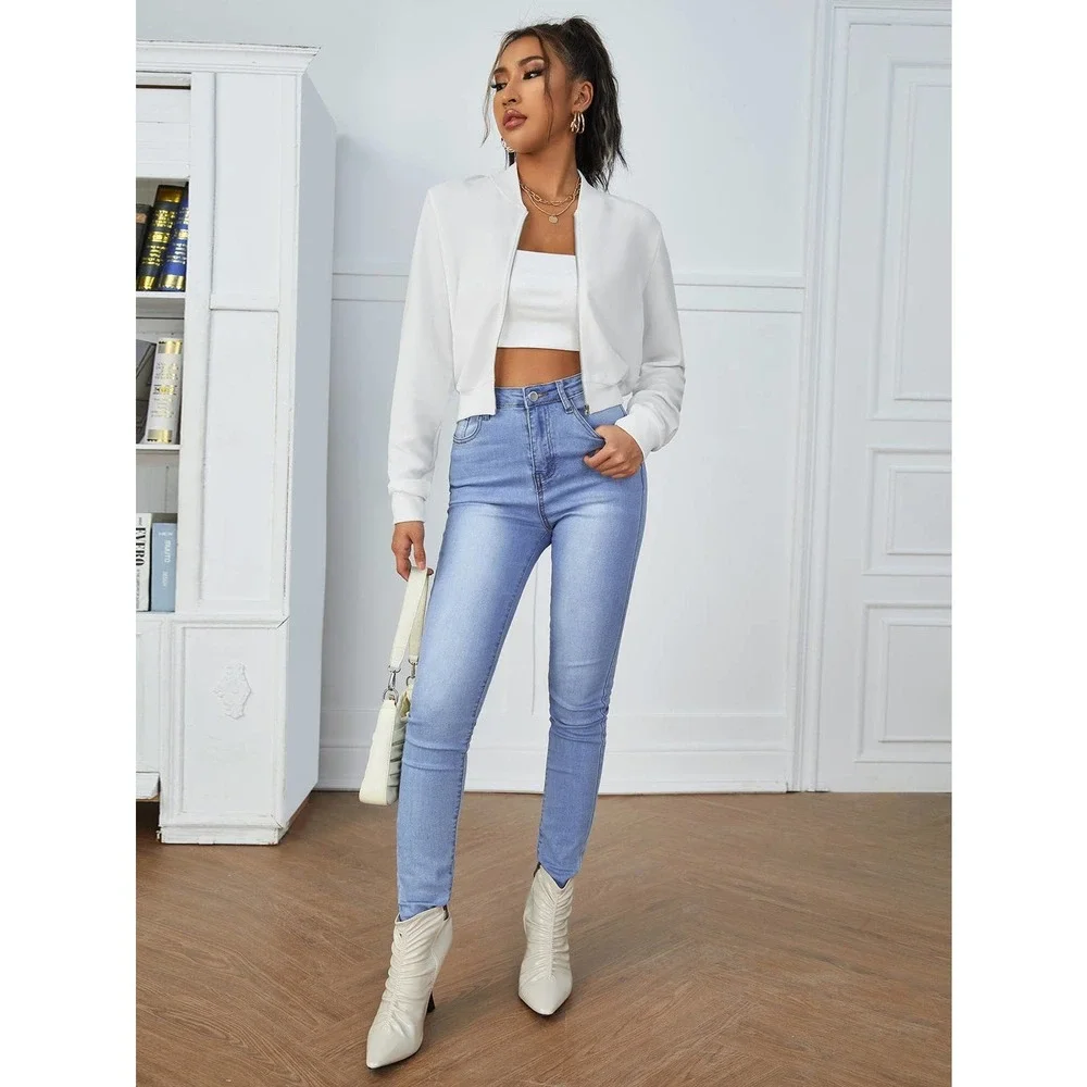 Zip Up Crop Bomber Jacket white 💙 - Picture 4 of 11